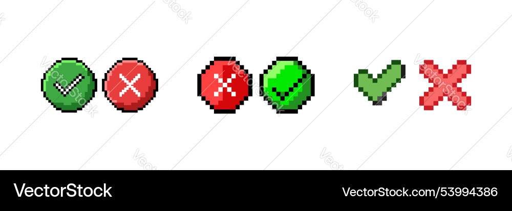 Pixel cross and check mark icon set in 8-bit Pixel cross and check mark icon set in 8-bit vector image