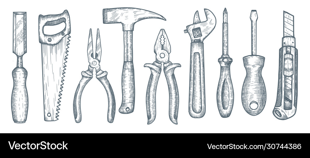 Set hand tools collection drawn Set hand tools collection drawn vector image