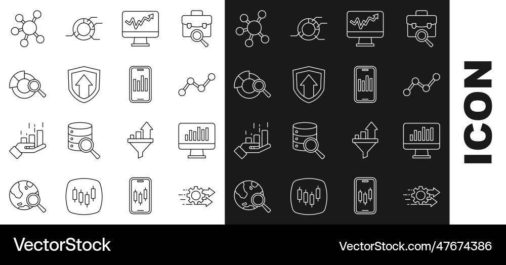 Set line time management monitor with graph chart Set line time management monitor with graph chart vector image