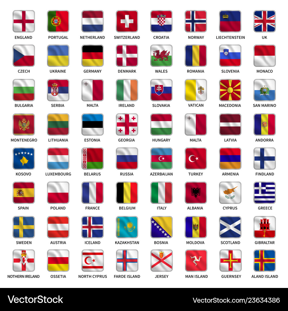 Set of all europe flags with name vector image