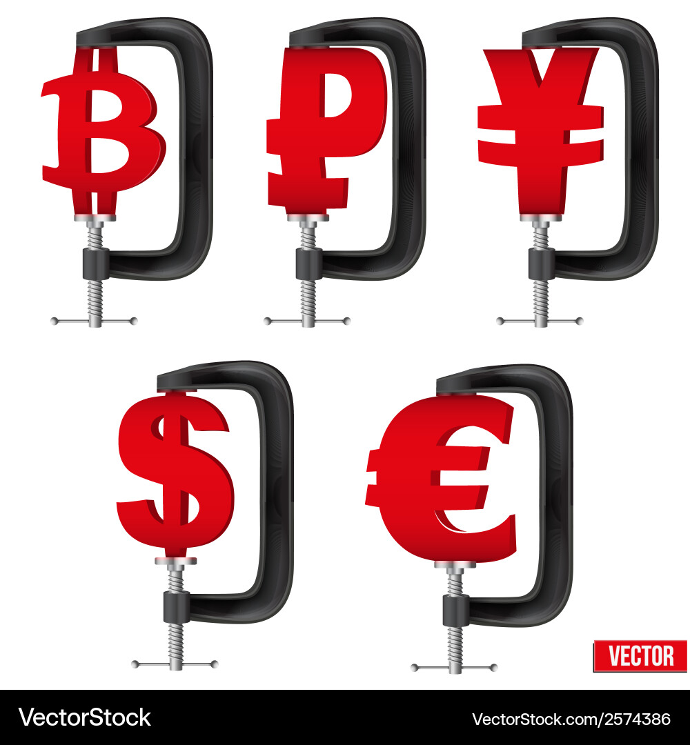 Set of currency symbols being squeezed in a vice Vector Image