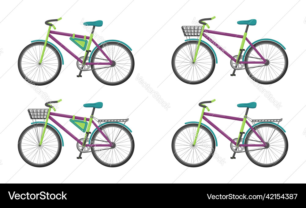 Set of bicycles with different elements flat Set of bicycles with different elements flat vector image