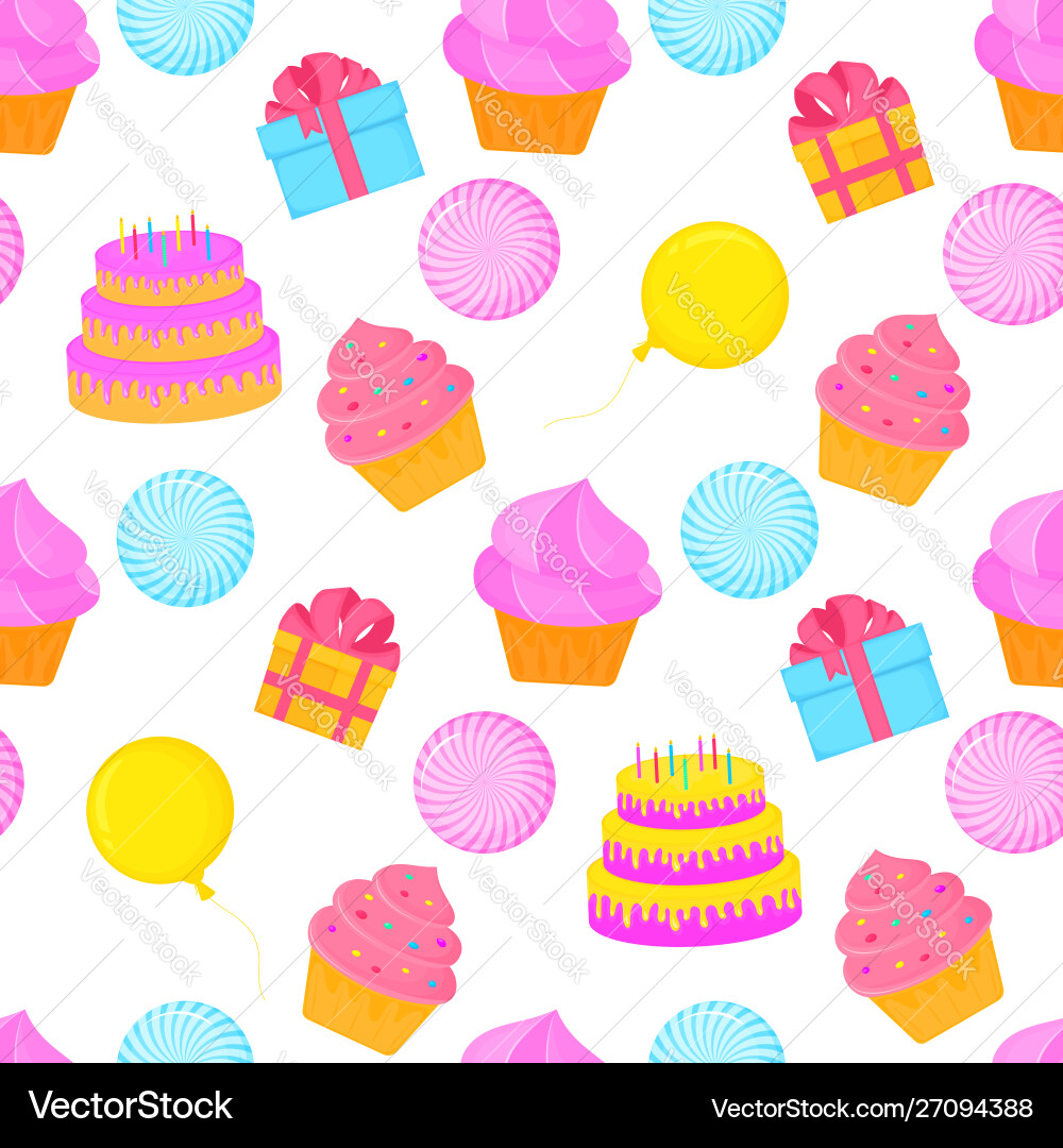 Cake with candles cupcake balloon box a gift Cake with candles cupcake balloon box a gift vector image