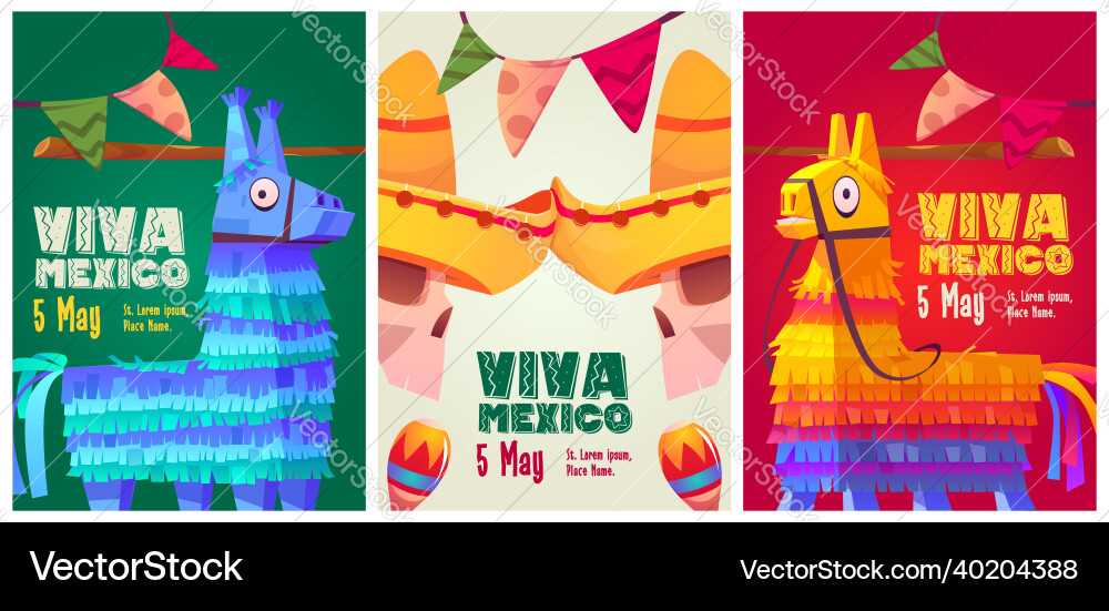 Viva mexico cartoon flyers with mexican pinatas Viva mexico cartoon flyers with mexican pinatas vector image