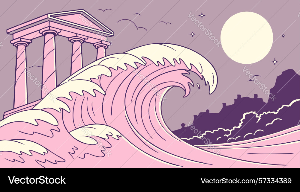 Moonlit ancient structure with rolling ocean Vector Image