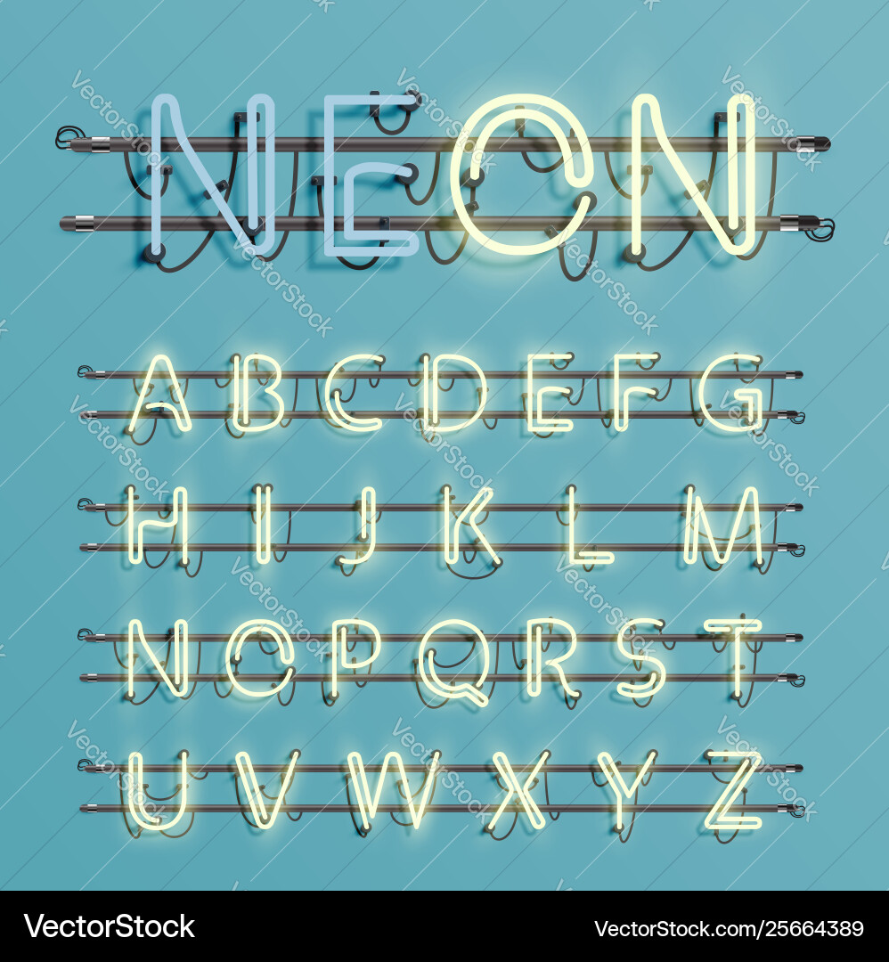 Realistic neon font with wires and console Realistic neon font with wires and console vector image