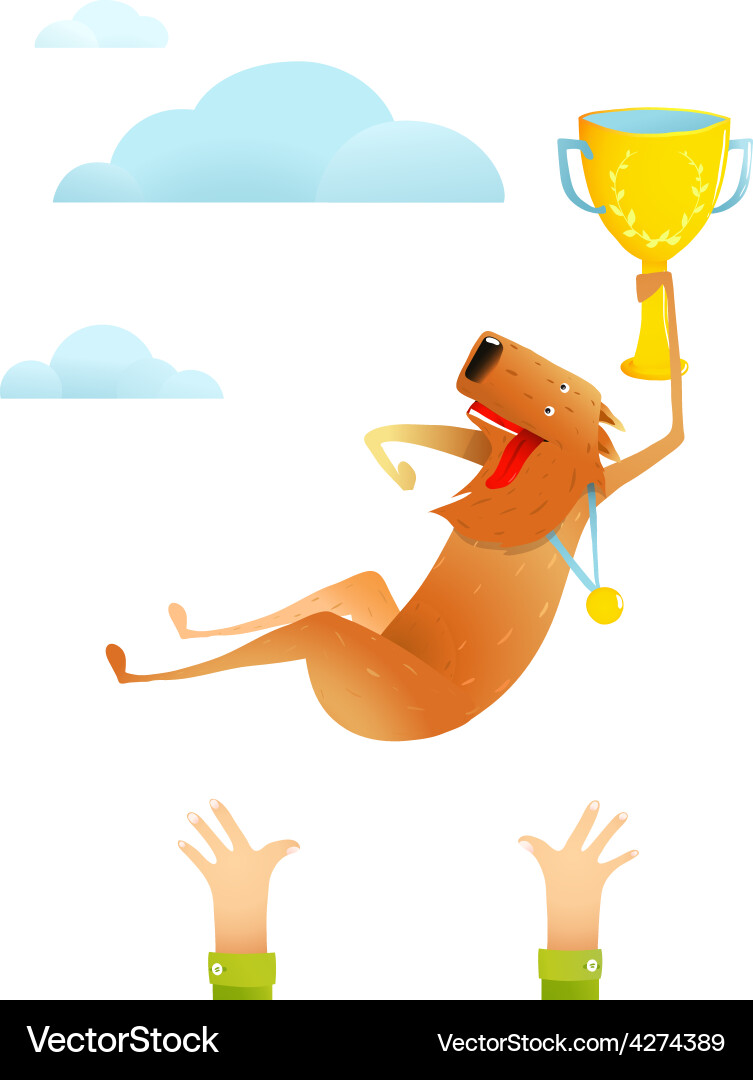 Winning red happy dog throwing up on arms with cup Vector Image