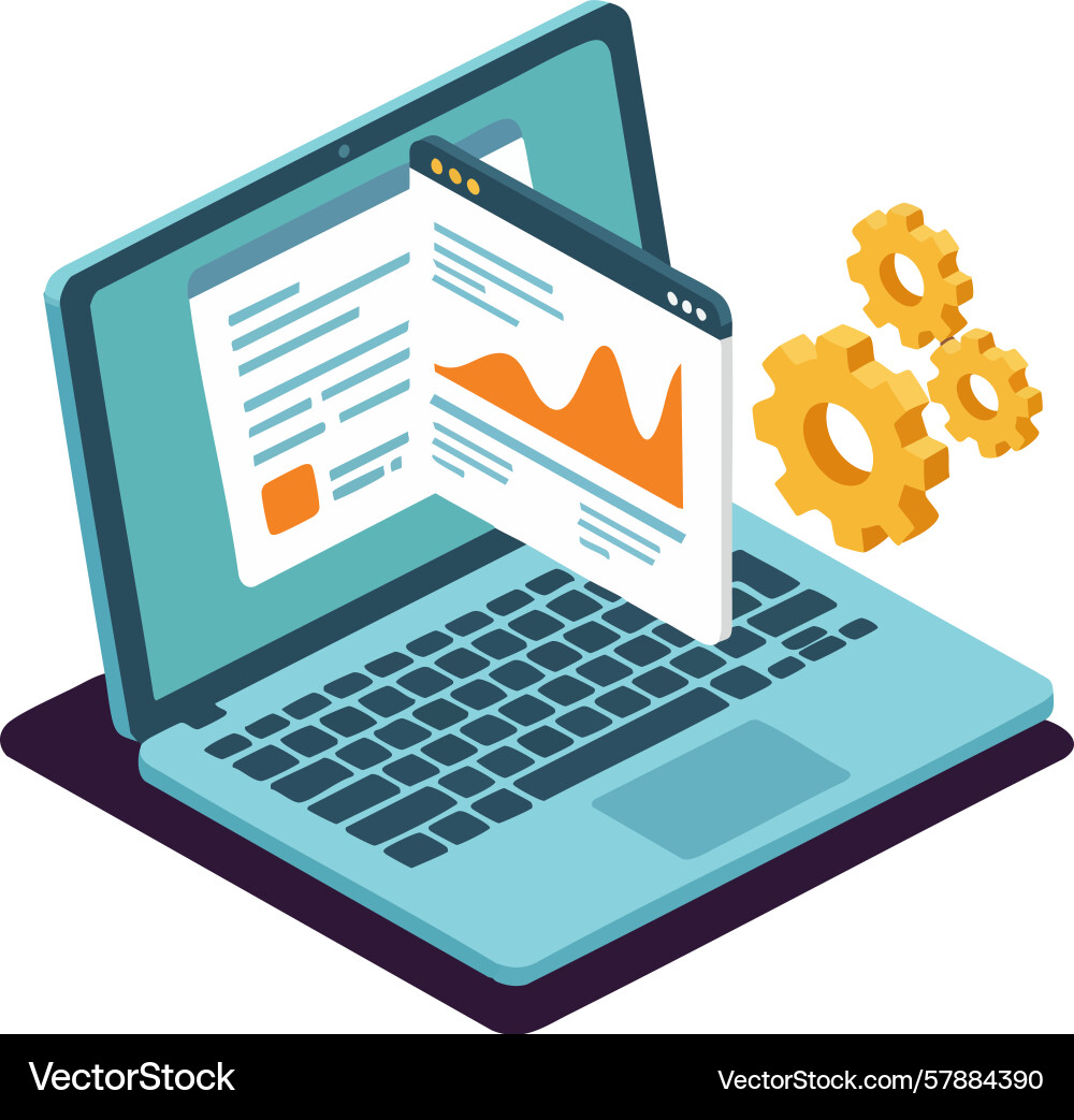 Laptop with data charts and gears symbolizing Laptop with data charts and gears symbolizing Vector Image