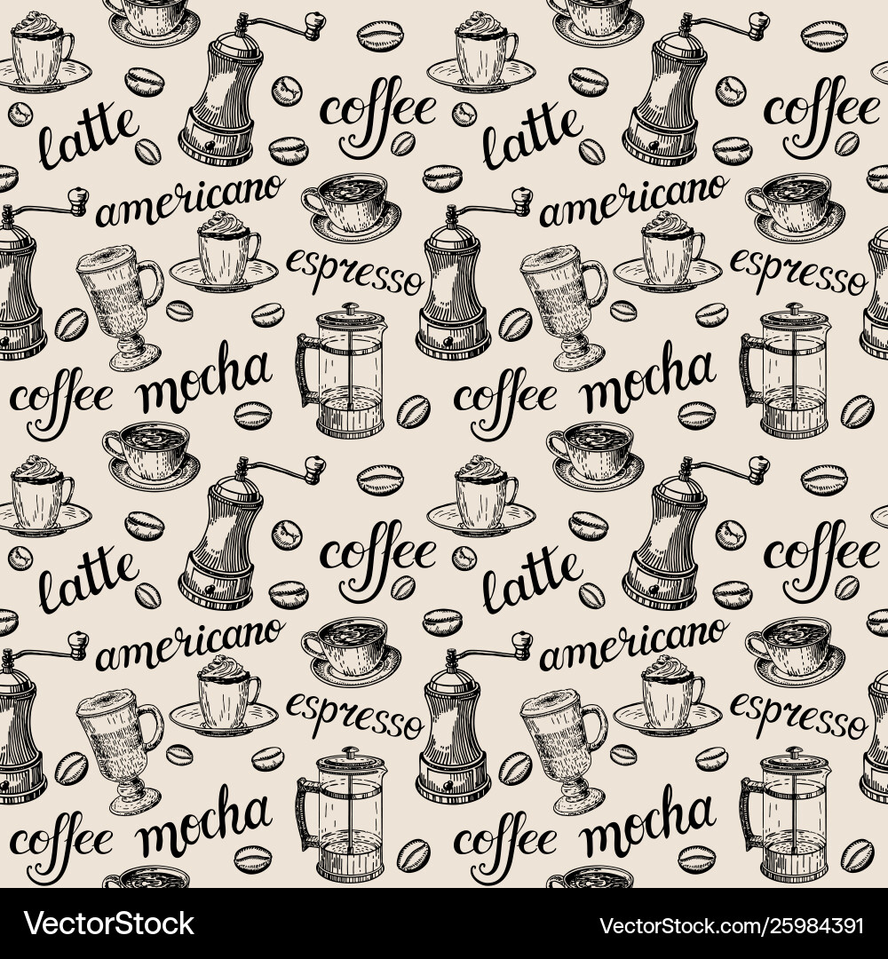 Coffee pattern the names different types Coffee pattern the names different types vector image