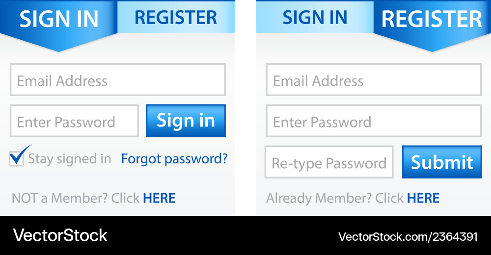 Register sign in forms with blue gradient header Vector Image