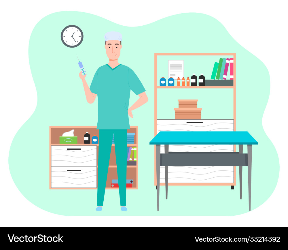 Cartoon male doctor in medical office holding Cartoon male doctor in medical office holding vector image