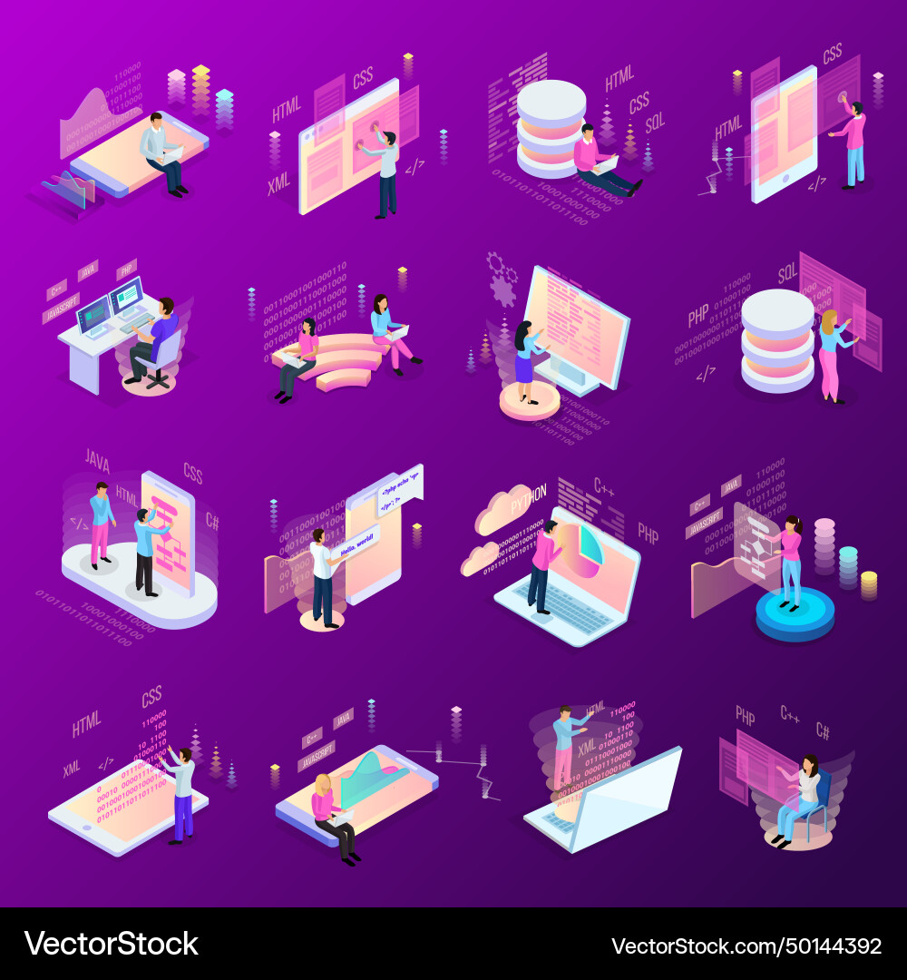 Freelance programming isometric icons set Freelance programming isometric icons set vector image