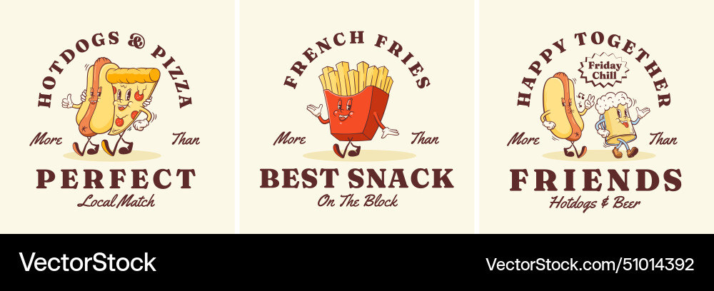 Retro Cartoon groovy Fast Food Zeichen Etiketten Retro Cartoon groovy Fast Food Zeichen Etiketten vektorbild