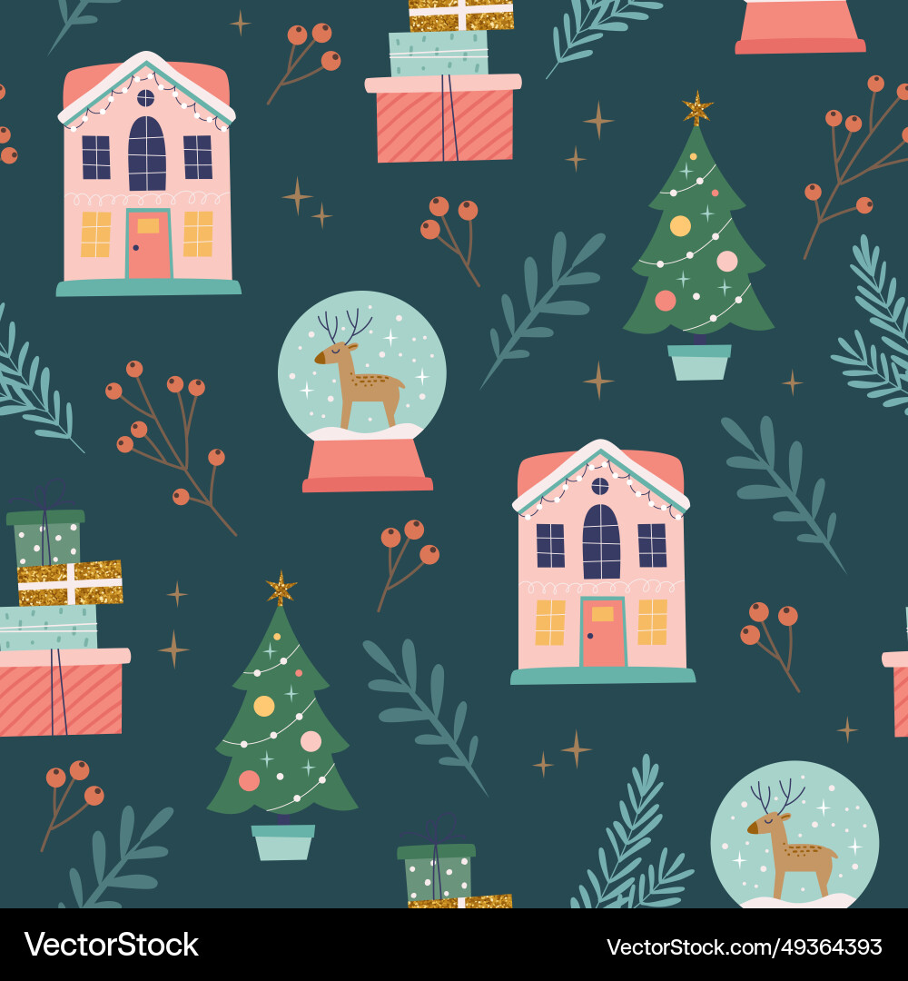 Christmas seamless pattern with houses snowballs vector image