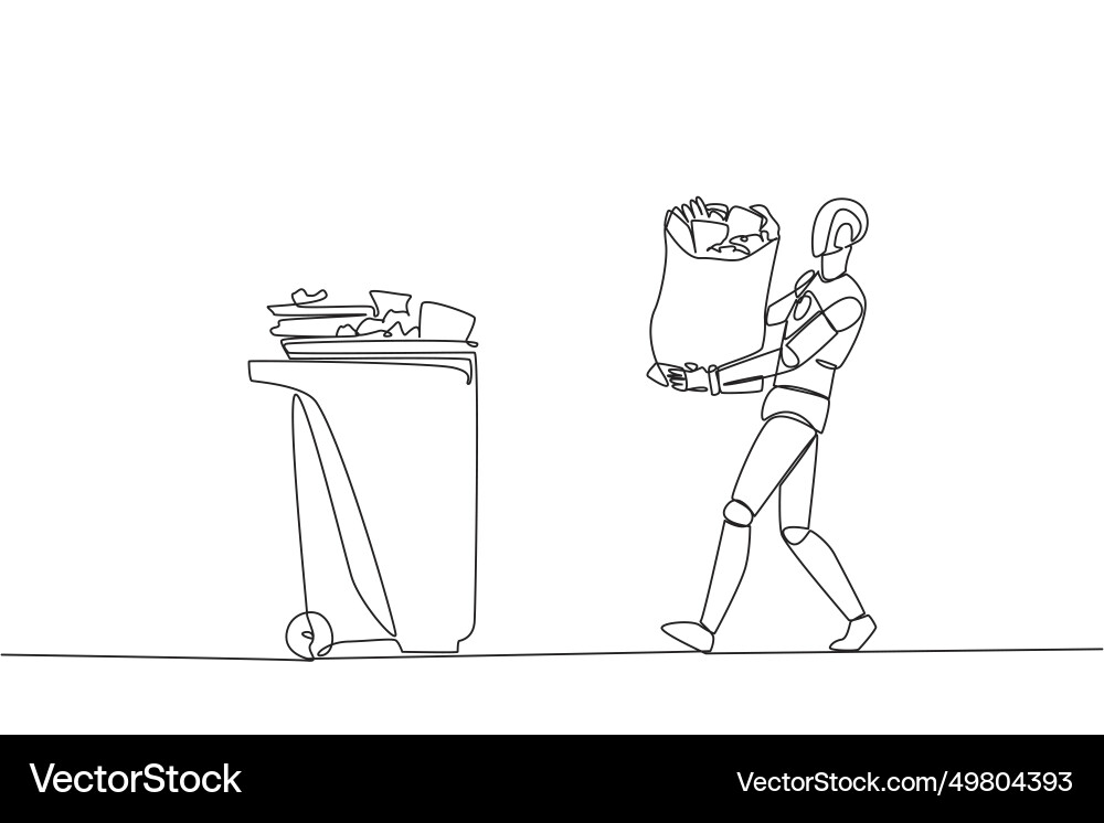 Continuous one line drawing robot walked carrying Vector Image