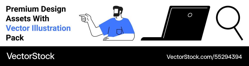 Man gesturing towards a laptop and magnifying Man gesturing towards a laptop and magnifying Vector Image