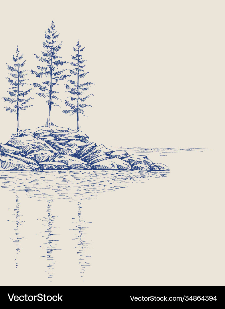Pinien auf einer felsigen Landschaft Reflexion Pinien auf einer felsigen Landschaft Reflexion vektorbild