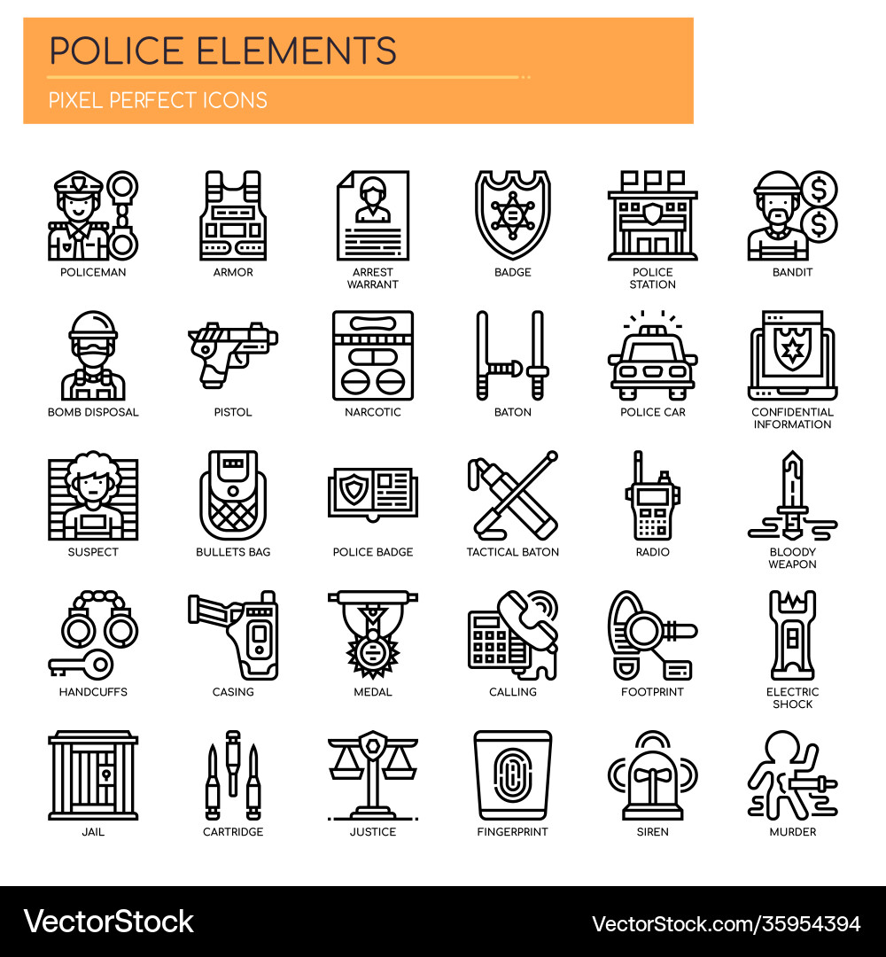 Polizeielemente dünne Linie und Pixel perfekte Symbole Polizeielemente dünne Linie und Pixel perfekte Symbole vektorbild