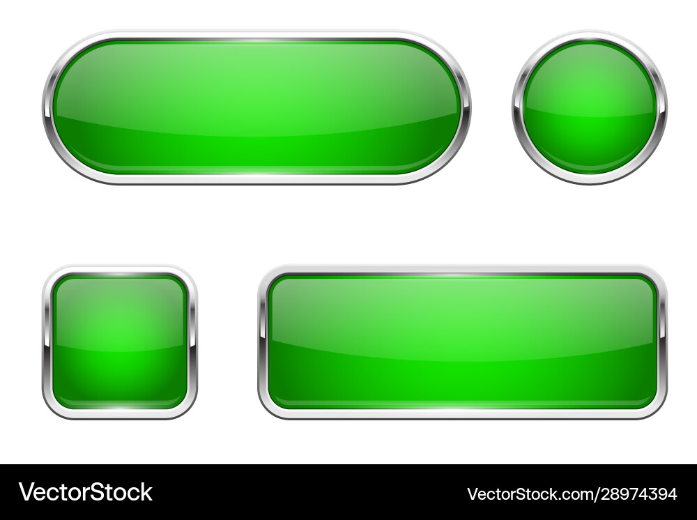 Web buttons green shiny icons with chrome frame Vector Image