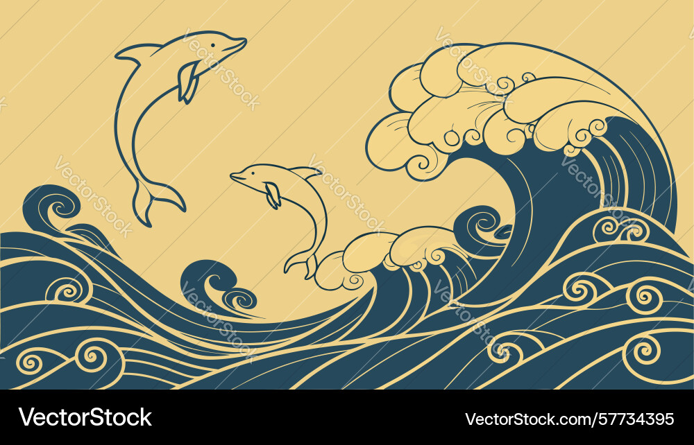 Dynamic ocean waves with leaping dolphins design Vector Image