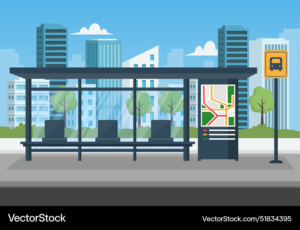 Empty bus stop with city skyline background Empty bus stop with city skyline background vector image