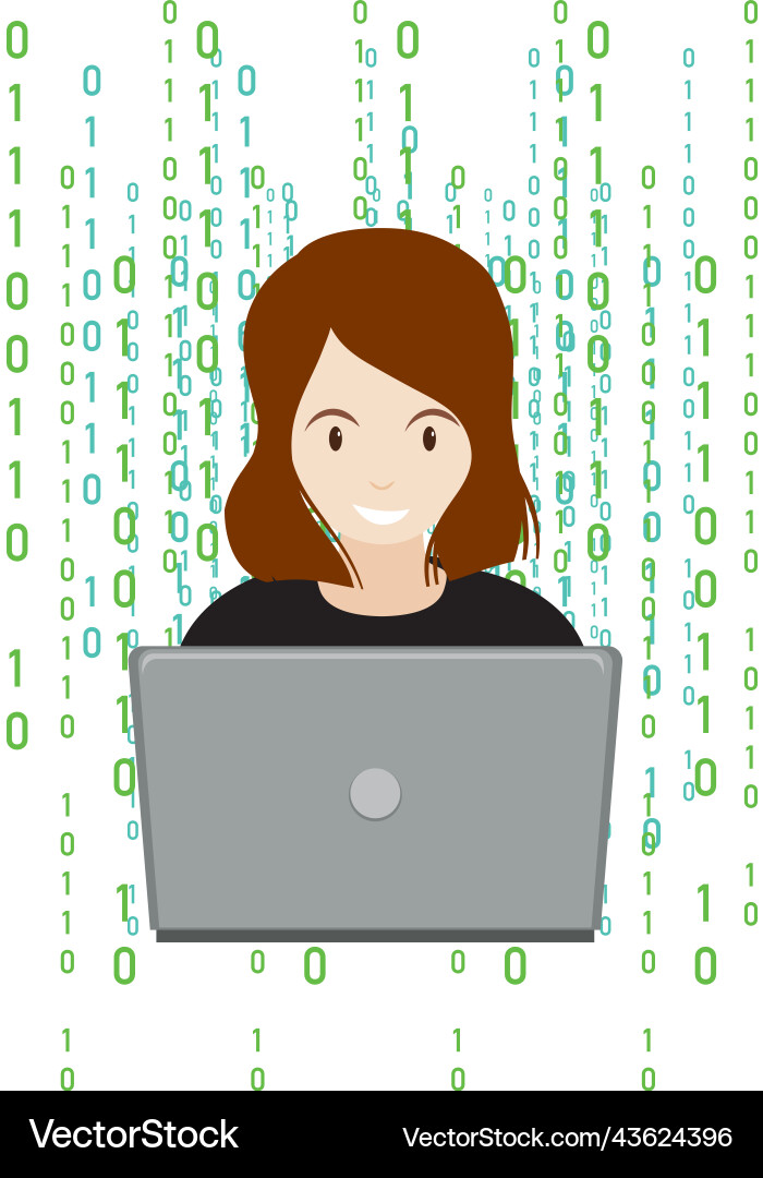 A woman using laptop with binary code A woman using laptop with binary code vector image
