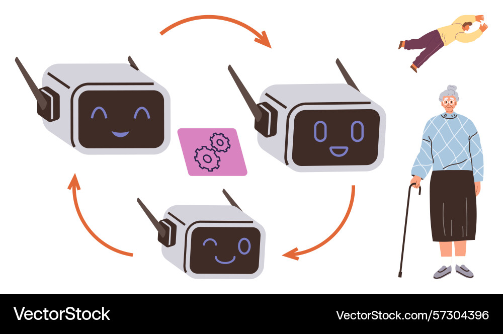 Robots evolving through iterations with arrows Robots evolving through iterations with arrows Vector Image