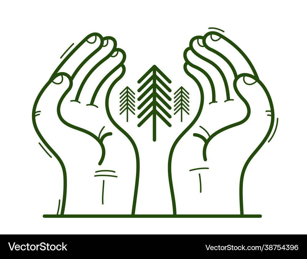 Two hands with pine trees protecting and showing Two hands with pine trees protecting and showing vector image