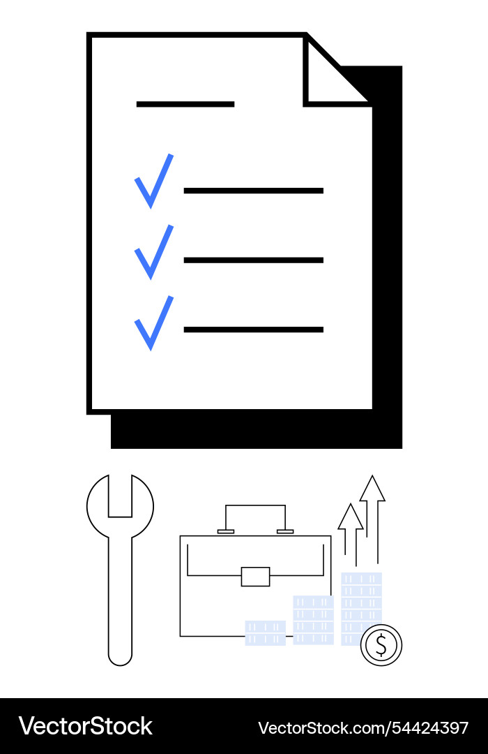 Checklist wrench briefcase stacked coins Vector Image