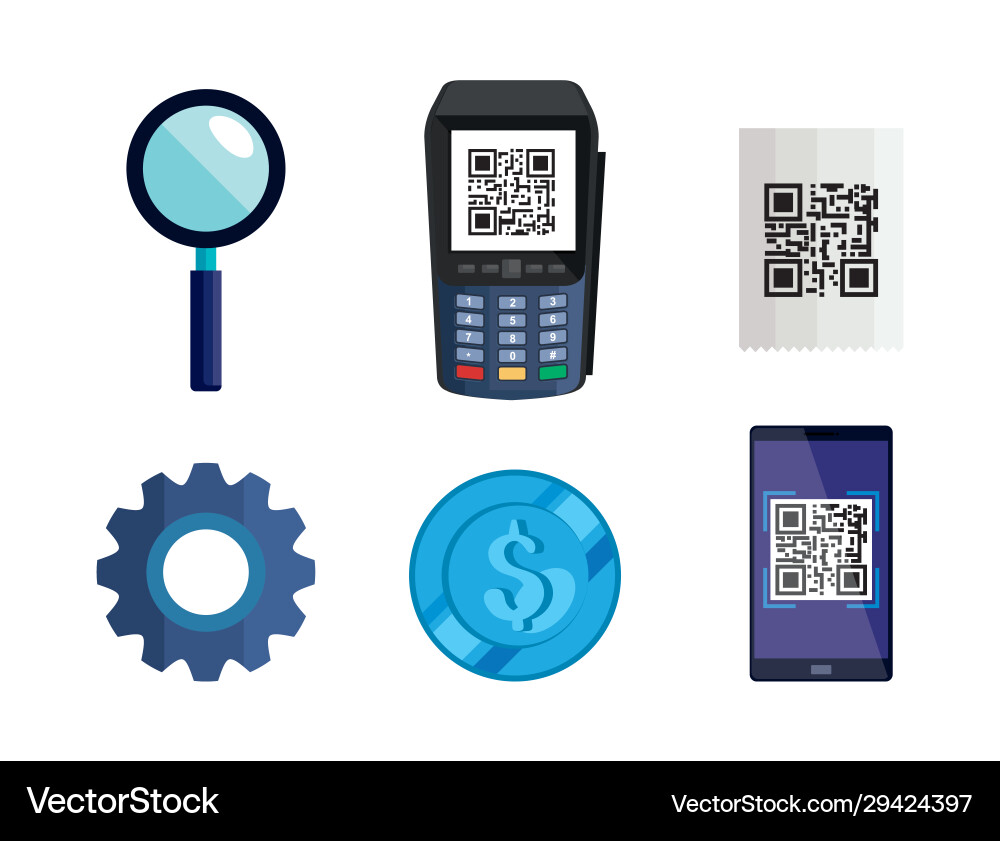 Dataphone mit Scan-Qur-Code und setzen Icons Dataphone mit Scan-Qur-Code und setzen Icons vektorbild