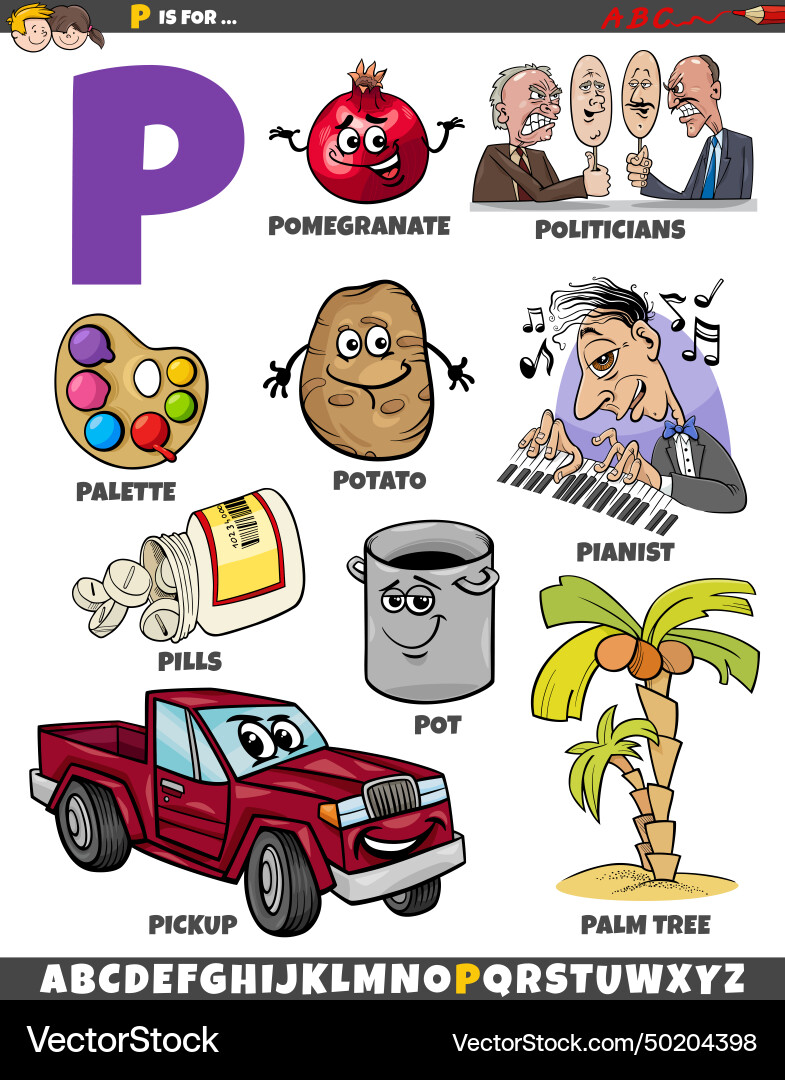 Letter p set with cartoon objects and characters Letter p set with cartoon objects and characters vector image