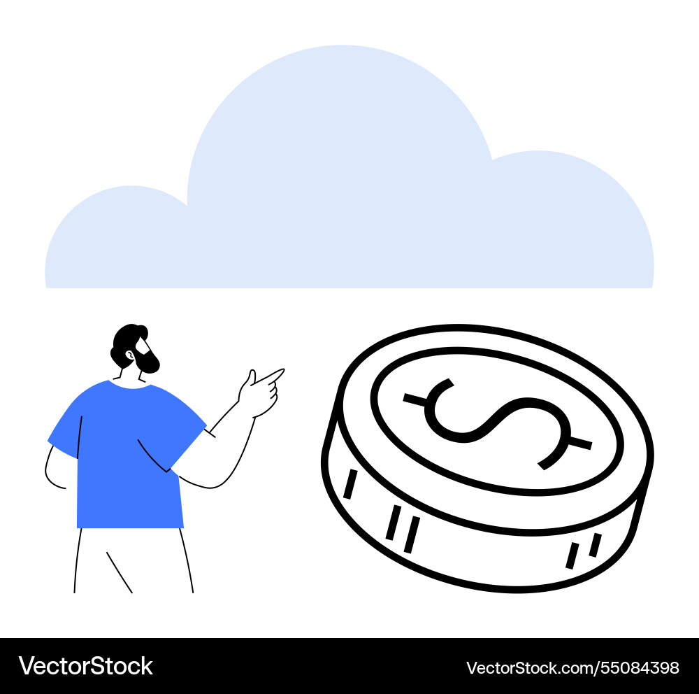 Man pointing at cloud and large coin symbolizing Man pointing at cloud and large coin symbolizing Vector Image
