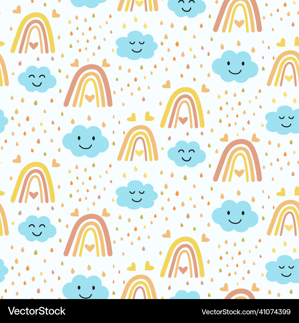 Boho rainbow with smiling clouds seamless pattern Boho rainbow with smiling clouds seamless pattern Vector Image