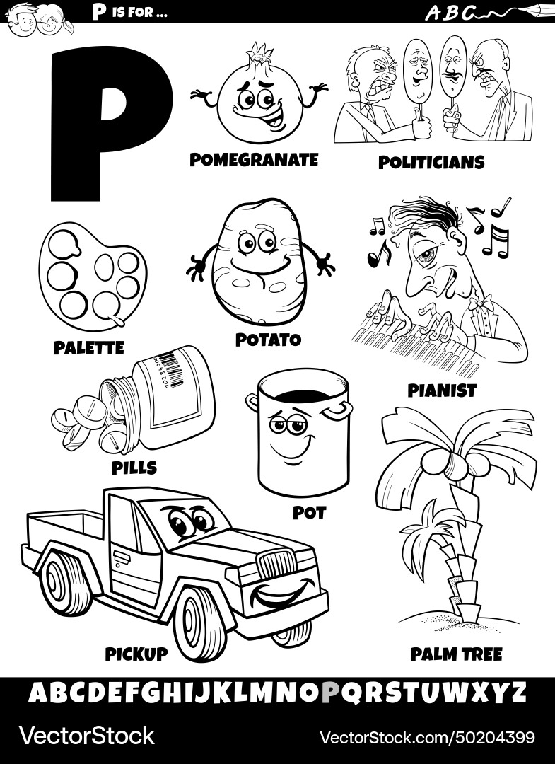Letter p set with cartoon objects and characters Letter p set with cartoon objects and characters vector image
