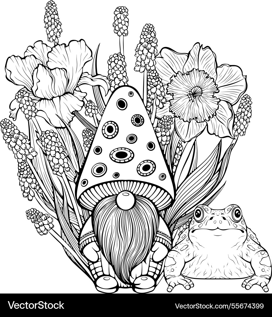 Spring composition with gnome and frog line art Vector Image