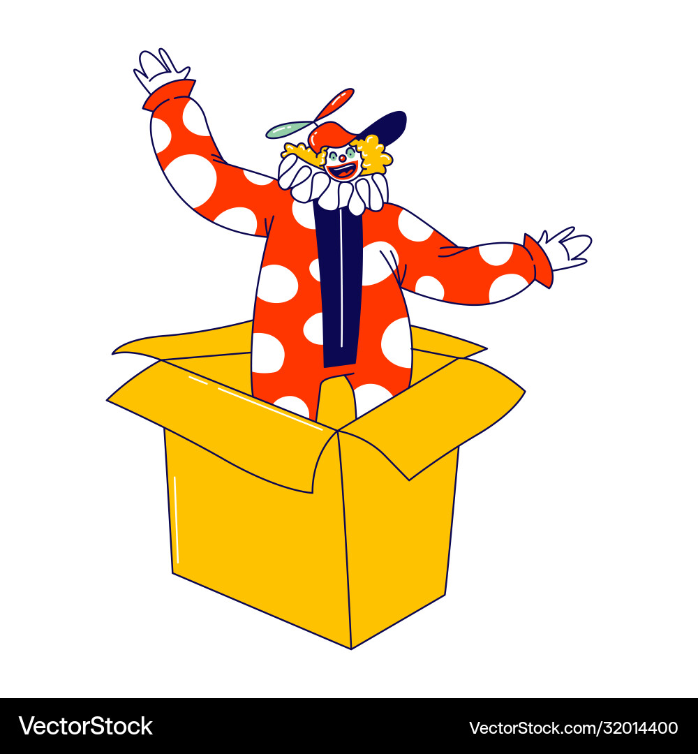 Clown character pop up from huge carton box big Clown character pop up from huge carton box big vector image