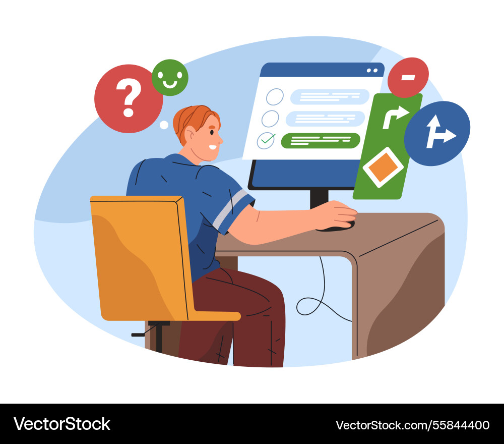 Driver taking test at classroom computer Driver taking test at classroom computer vector image