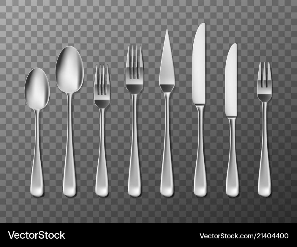 Steel cutlery knife fork and spoon in realistic Steel cutlery knife fork and spoon in realistic vector image