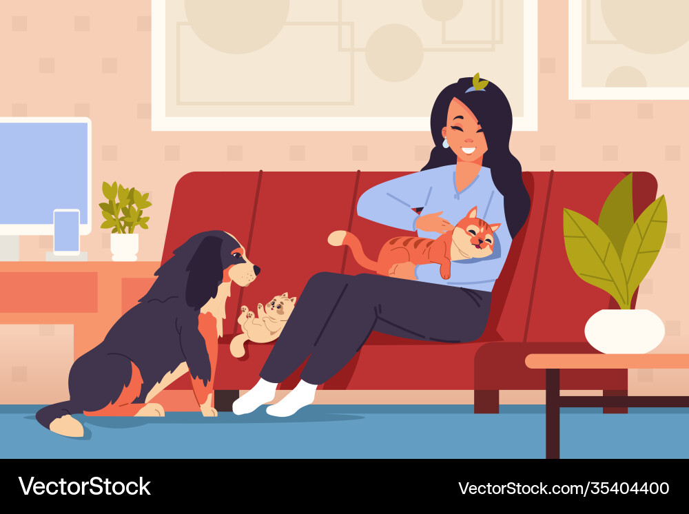 Woman at home with pets cartoon girl character Woman at home with pets cartoon girl character vector image