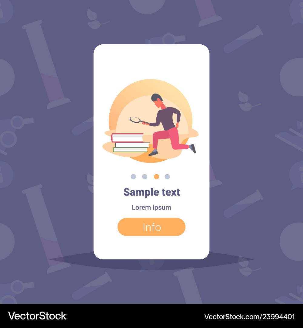 Man using magnifying glass looking book stack vector image