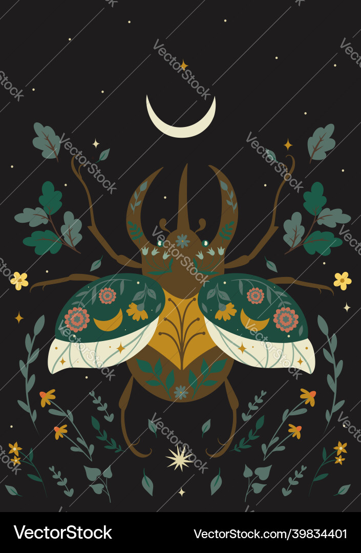 Postcard with a beetle in boho style Postcard with a beetle in boho style vector image