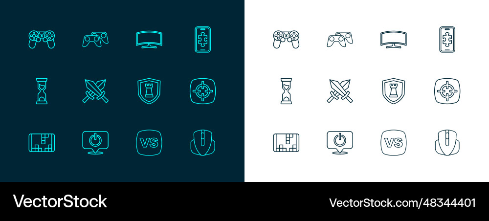 Set line mobile gaming power button chess shield Set line mobile gaming power button chess shield vector image