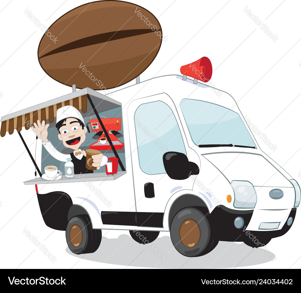 Funny coffee van parked and friendly barman Funny coffee van parked and friendly barman vector image