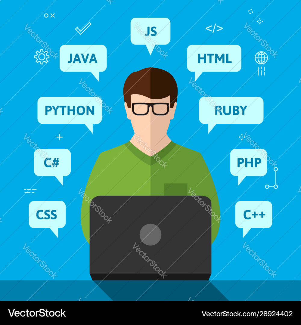 Programmer working on computer Programmer working on computer Vector Image