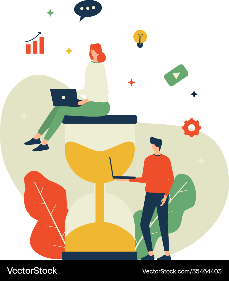 Happy woman sitting on an hourglass and working Happy woman sitting on an hourglass and working vector image