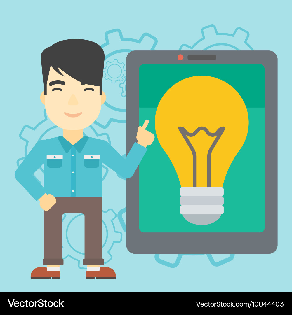 Man pointing at big tablet computer vector image