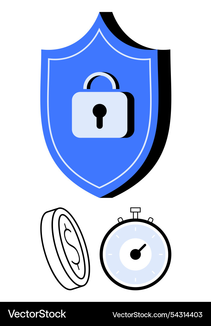 Shield with lock coin and stopwatch representing vector image
