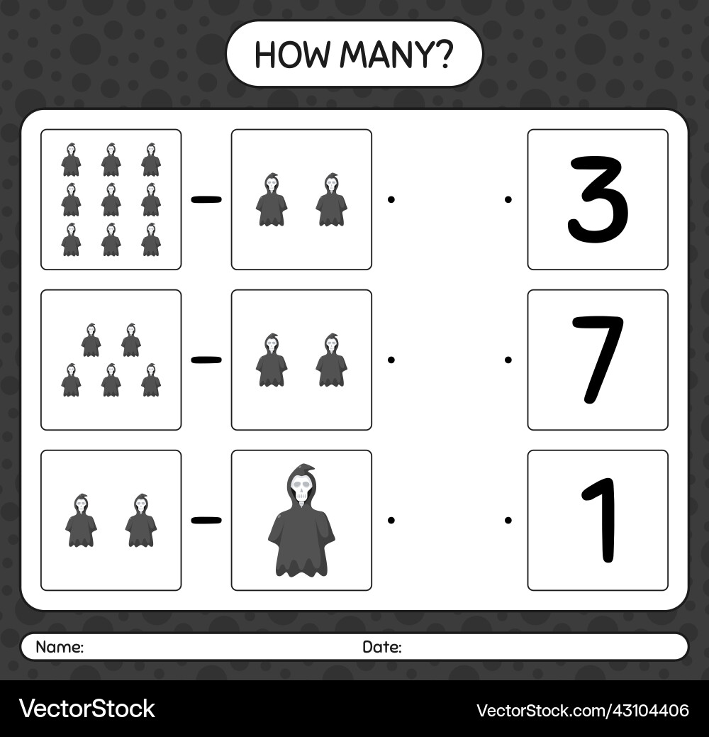 How many counting game with grim reaper worksheet Vector Image