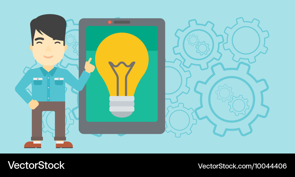 Man pointing at big tablet computer vector image