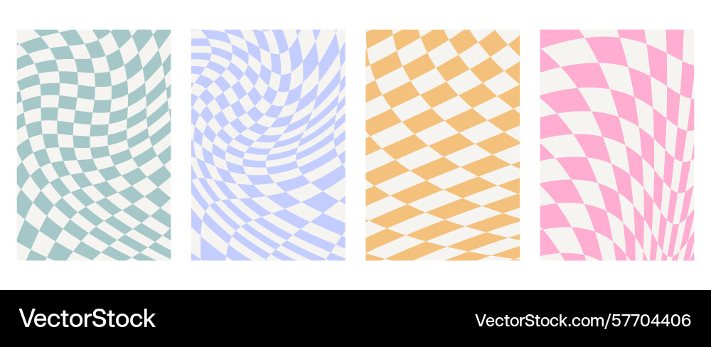 Wavy groovy distorted checkered background set vector image